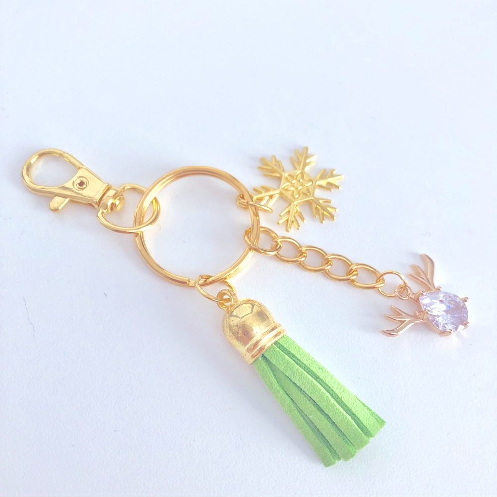 New Rhinestone Reindeer Dangling Keychain Tassel Snowflake Charm Zipper Pull